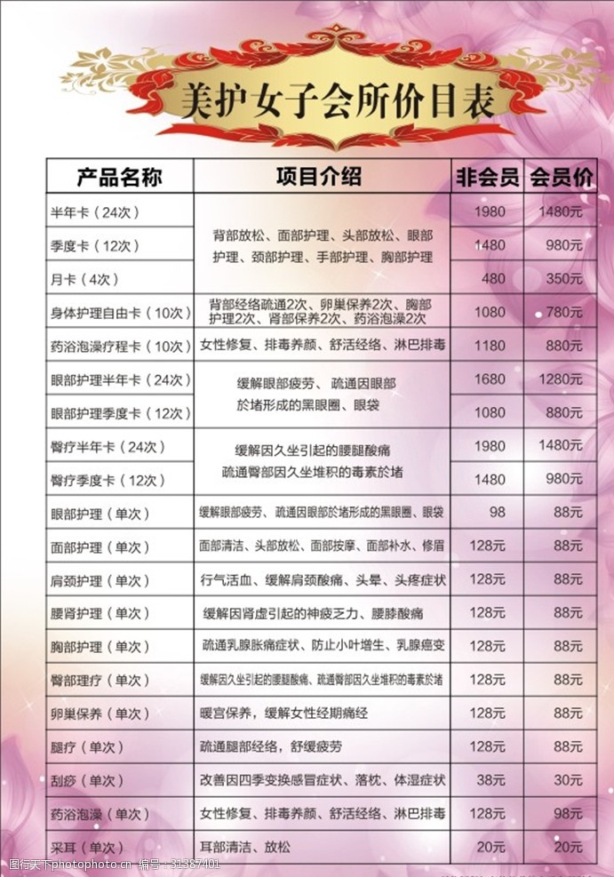 美容养生价目表